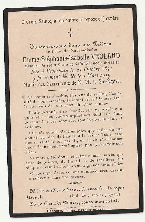 Décès Emma VROLAND Esquelbecq (France) 1831 - 1919, Verzenden, Bidprentje