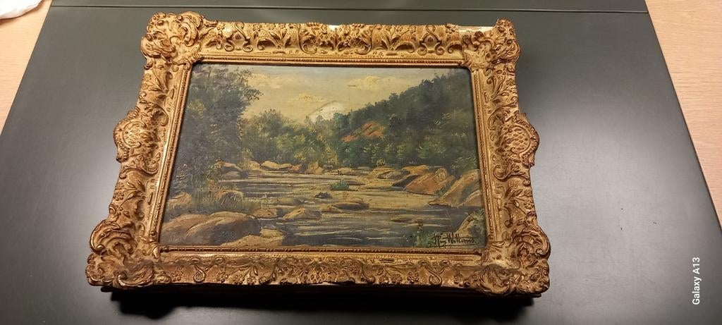 Landschapsschilderij in bewerkte gouden lijst, gesigneerd, Ophalen