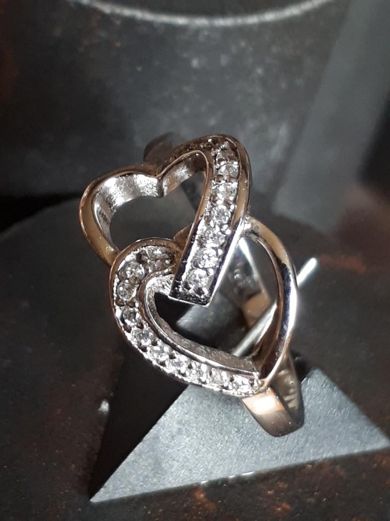 Damesring met 2 hartjes zilver 925 maat 17, Handtassen en Accessoires, Ringen, Verzenden, Nieuw, 17 tot 18, Dame