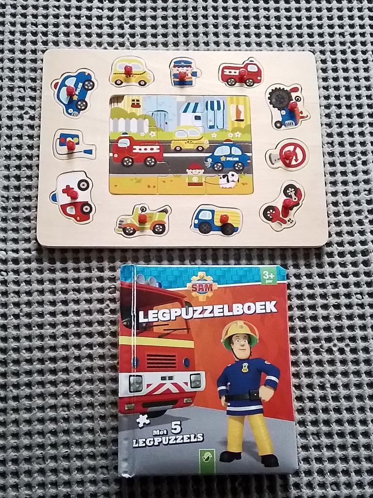 Houten puzzel + legpuzzelboek Brandweerman Sam, Ophalen of Verzenden, Gebruikt