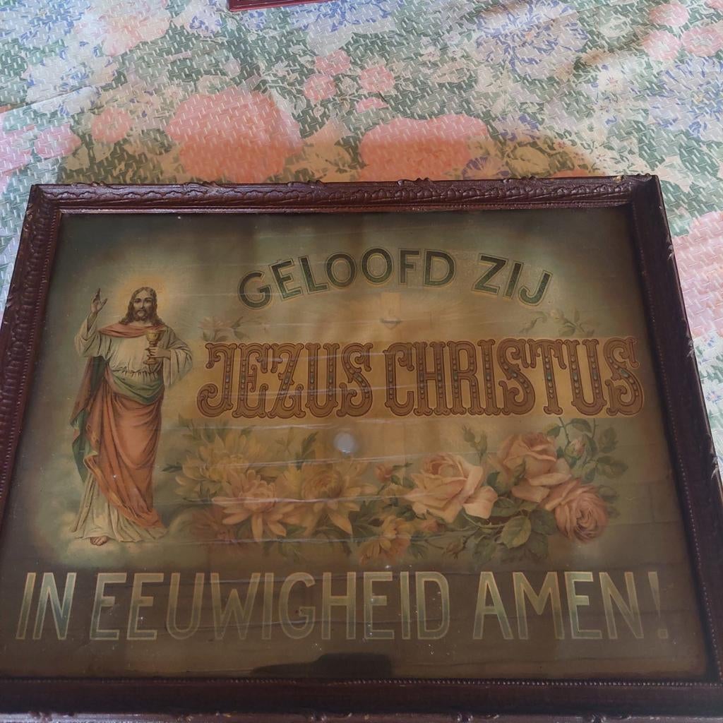 Oude kader geloof zij jesus christus in eewigheid amen 35x45, Huis en Inrichting, Woonaccessoires | Tekstborden en Spreuken, Ophalen of Verzenden