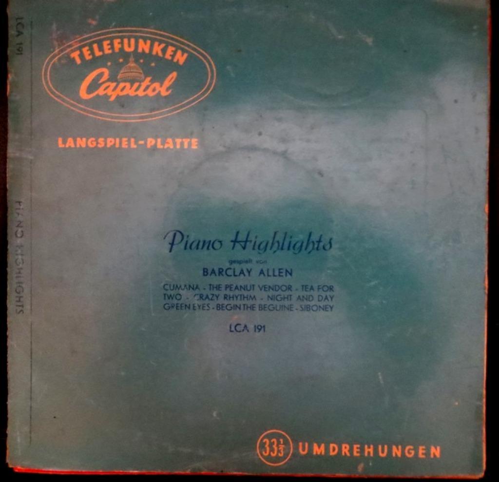 10 " VINYL - Barclay Allen ‎– Piano Highlights, Utilisé, 10 pouces, 1960 à 1980, Jazz