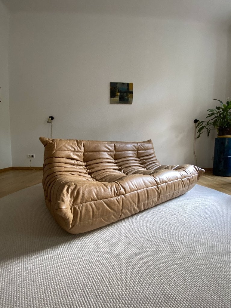 Ligne Roset Togo – Canapé Sofa 3 Places Cuir Camel Marron, Trois personnes, 100 à 125 cm, Comme neuf, Cuir