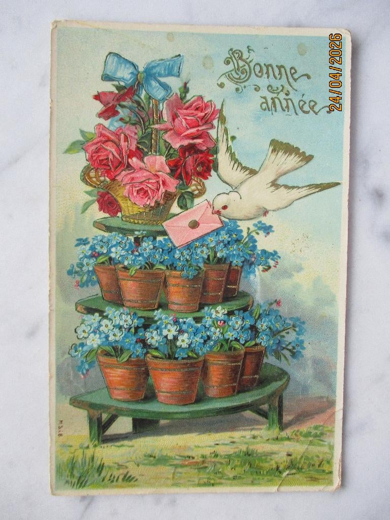 nieuwjaar bloemen mand bloempotten duif envelop 1912, Verzenden, Voor 1920, Gelopen, Feest(dag)