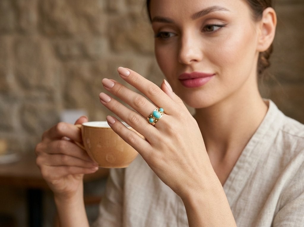 Gouden Vintage ring met turkooizen edelstenen. 2026/734., Ophalen of Verzenden, Met edelsteen, Dame, Groen