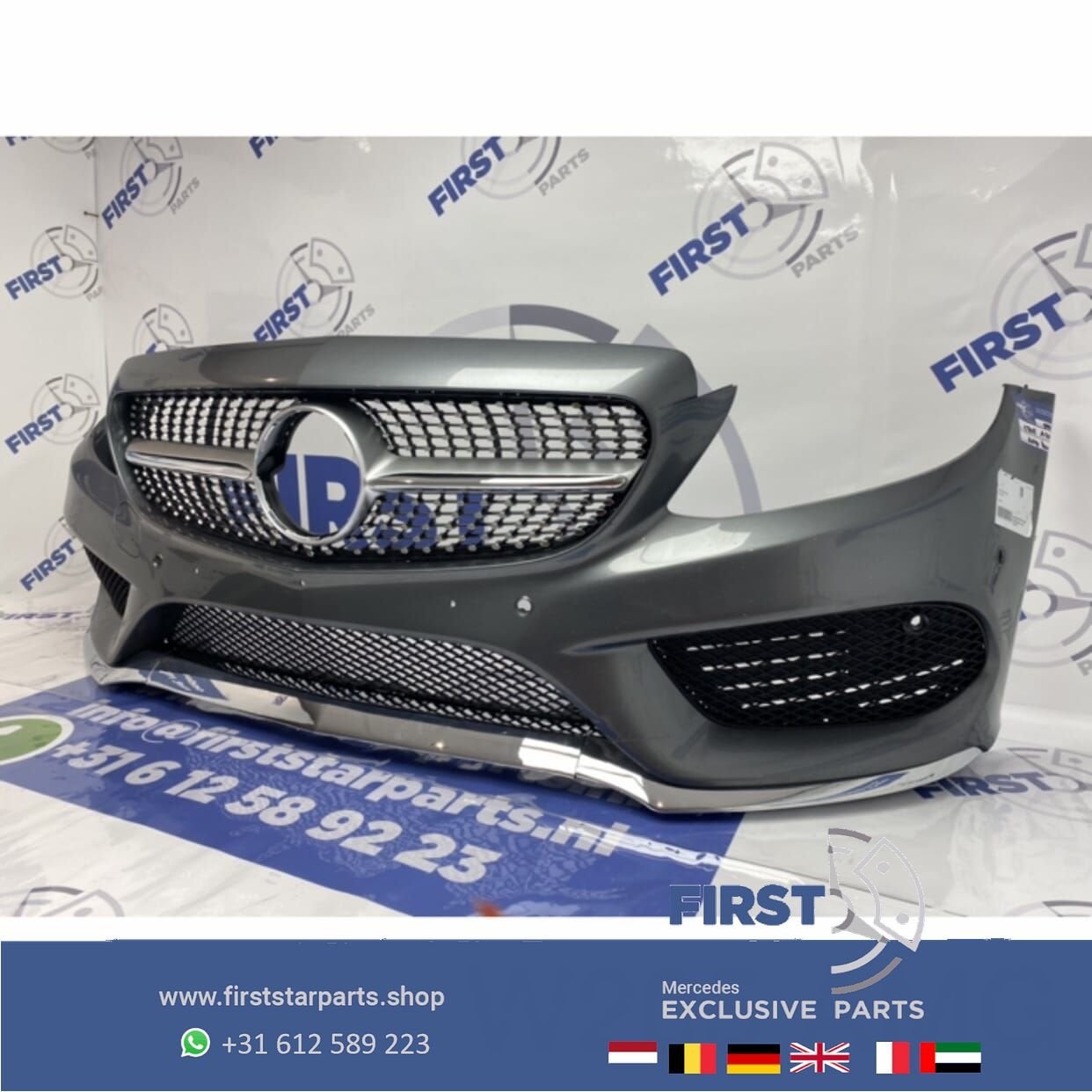 W205 C205 C43 AMG VOORBUMPER GRIJS + DIAMOND GRIL C KLASSE 2, Gebruikt, -, Voor, Ophalen of Verzenden