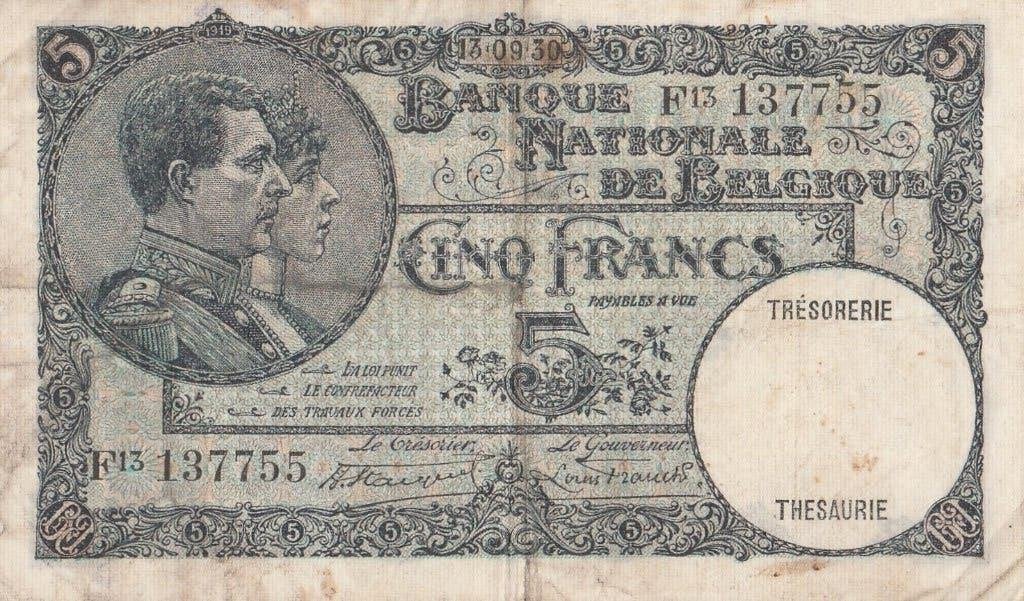 5 Frank Belgie 1930, Postzegels en Munten, Ophalen of Verzenden
