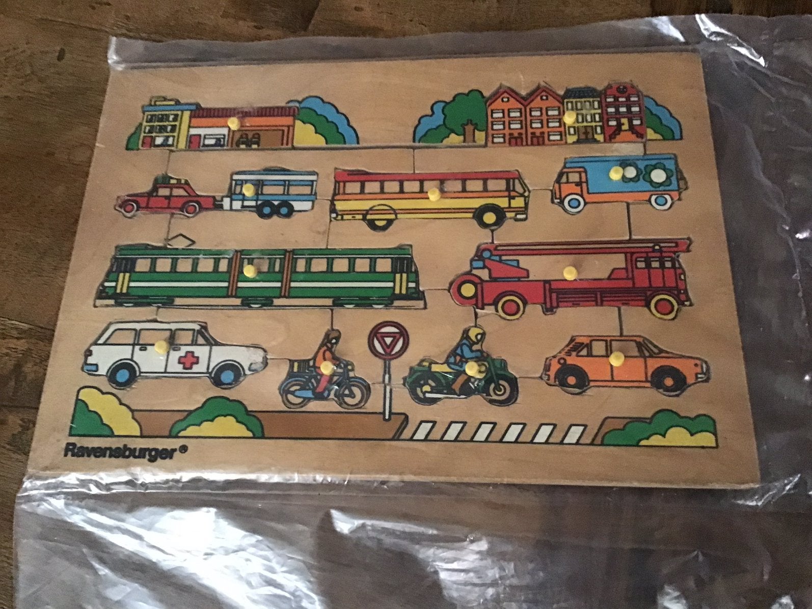 Vintage houten nopjespuzzel Ravensburger Het vervoer, Kinderen en Baby's, Speelgoed | Kinderpuzzels, Ophalen of Verzenden, Gebruikt