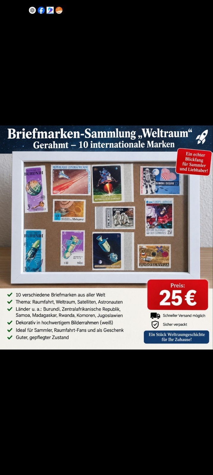 postzegel inglijst  ruimtevaart, Ophalen of Verzenden