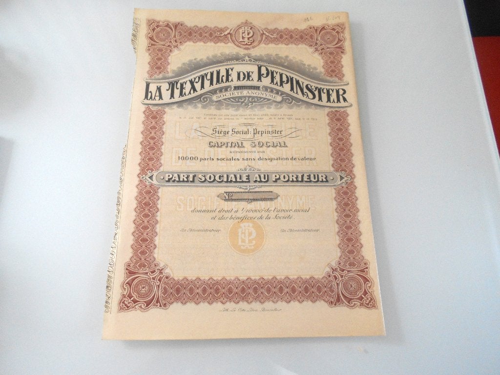 part sociale "La textile de Pepinster" 1921, Timbres & Monnaies, Actions & Titres, Enlèvement ou Envoi