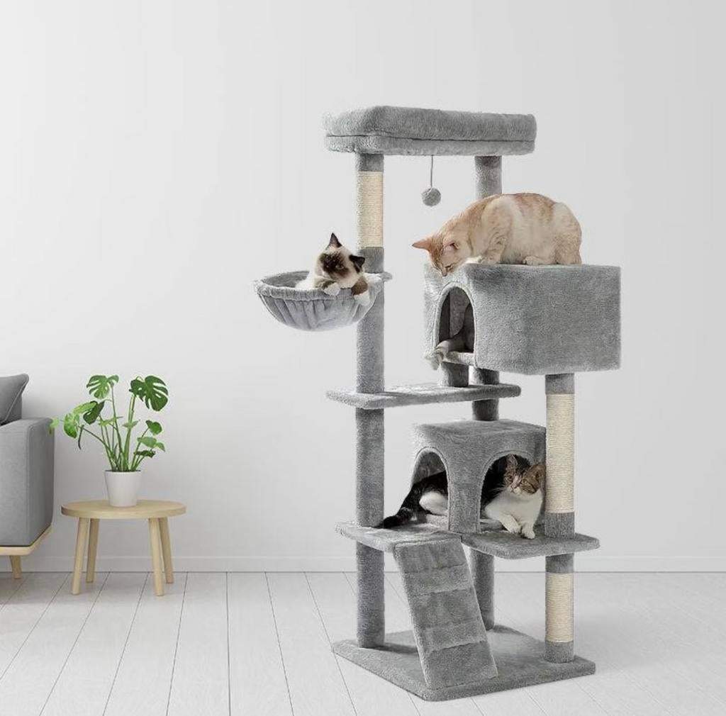 Lichtgrijze kattenkrabpaal 143 cm met hangmat en huisjes, Dieren en Toebehoren, Krabmeubelen, Ophalen of Verzenden, Zo goed als nieuw