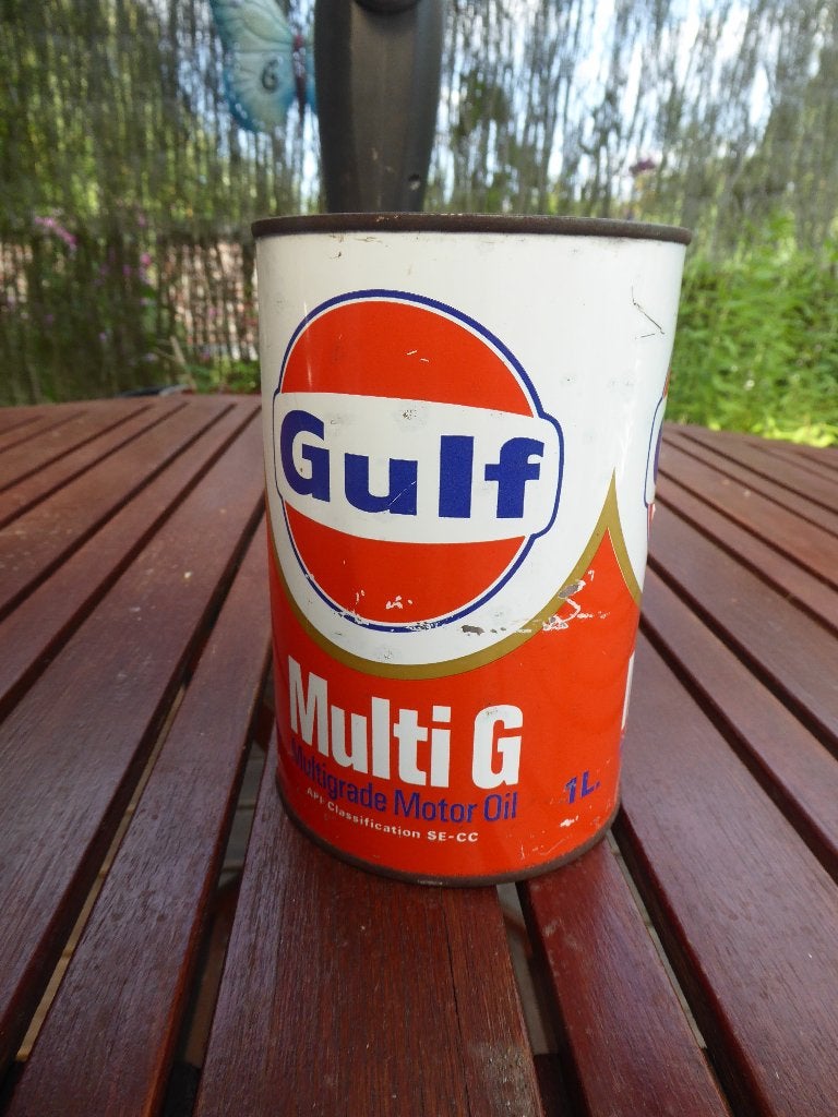 boite huile gulf 1l pleine, Collections, Enlèvement ou Envoi, Utilisé, Emballage