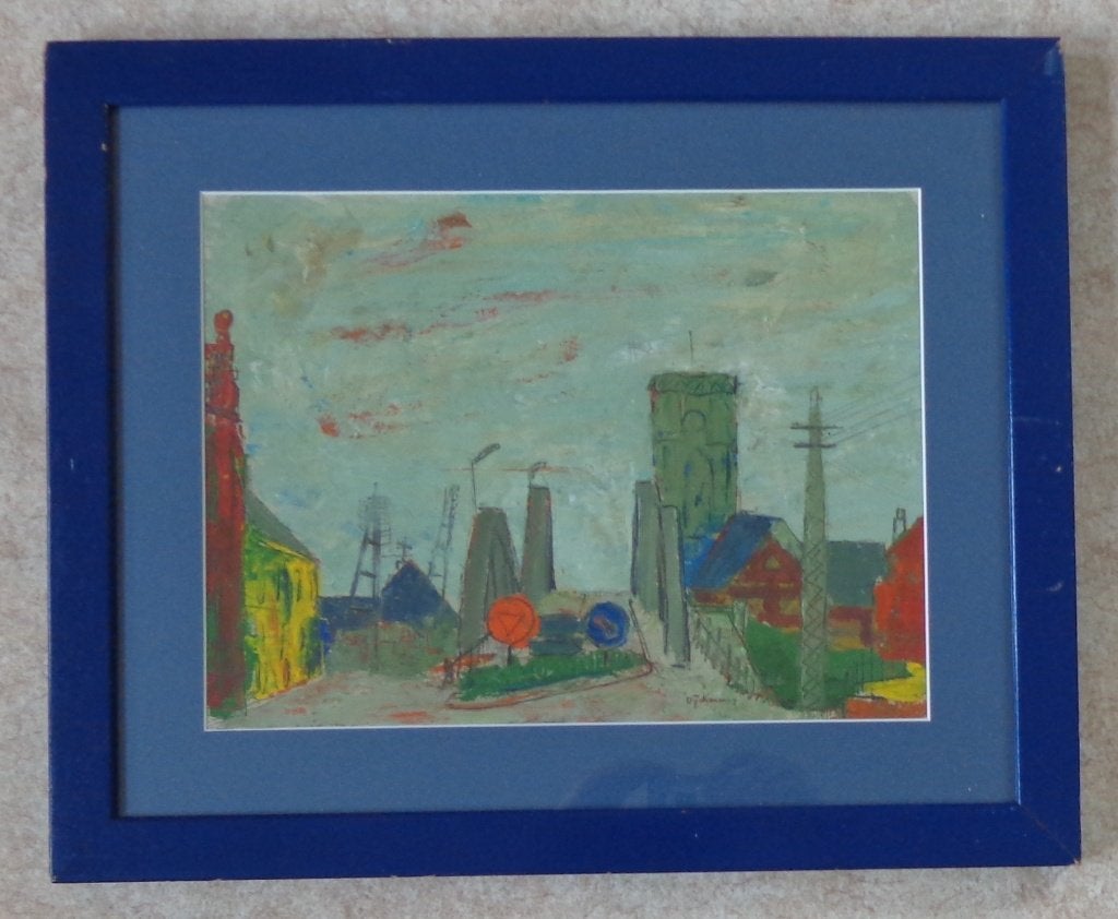BRUNO DYCKMANS / STADSZICHT / OLIEVERF PAPIER 46x56cm KADER, Antiek en Kunst, Papier/karton, Ophalen of Verzenden, Olieverf, Passe-partout
