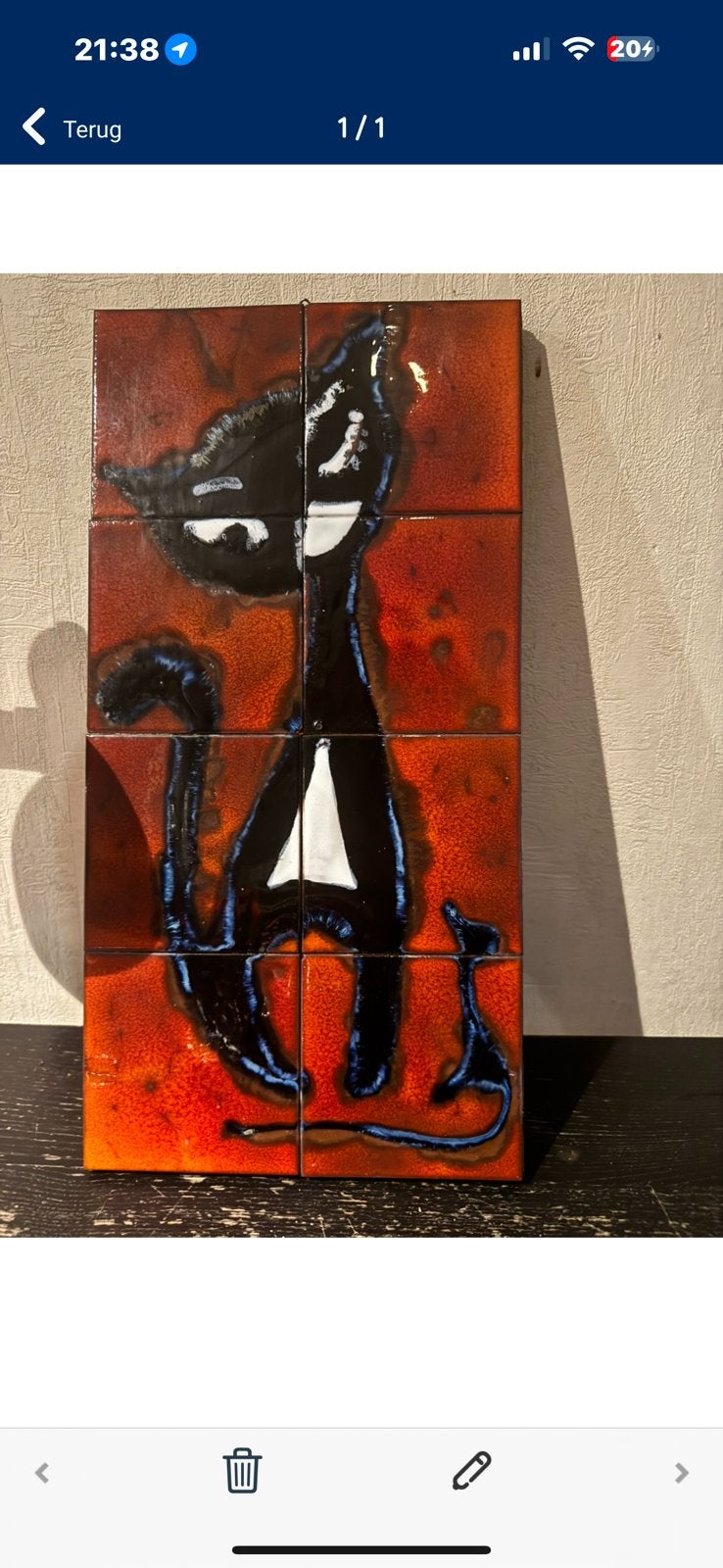 Vintage keramisch tegelpaneel zwarte kat – jaren 60/70, Antiek en Kunst, Ophalen