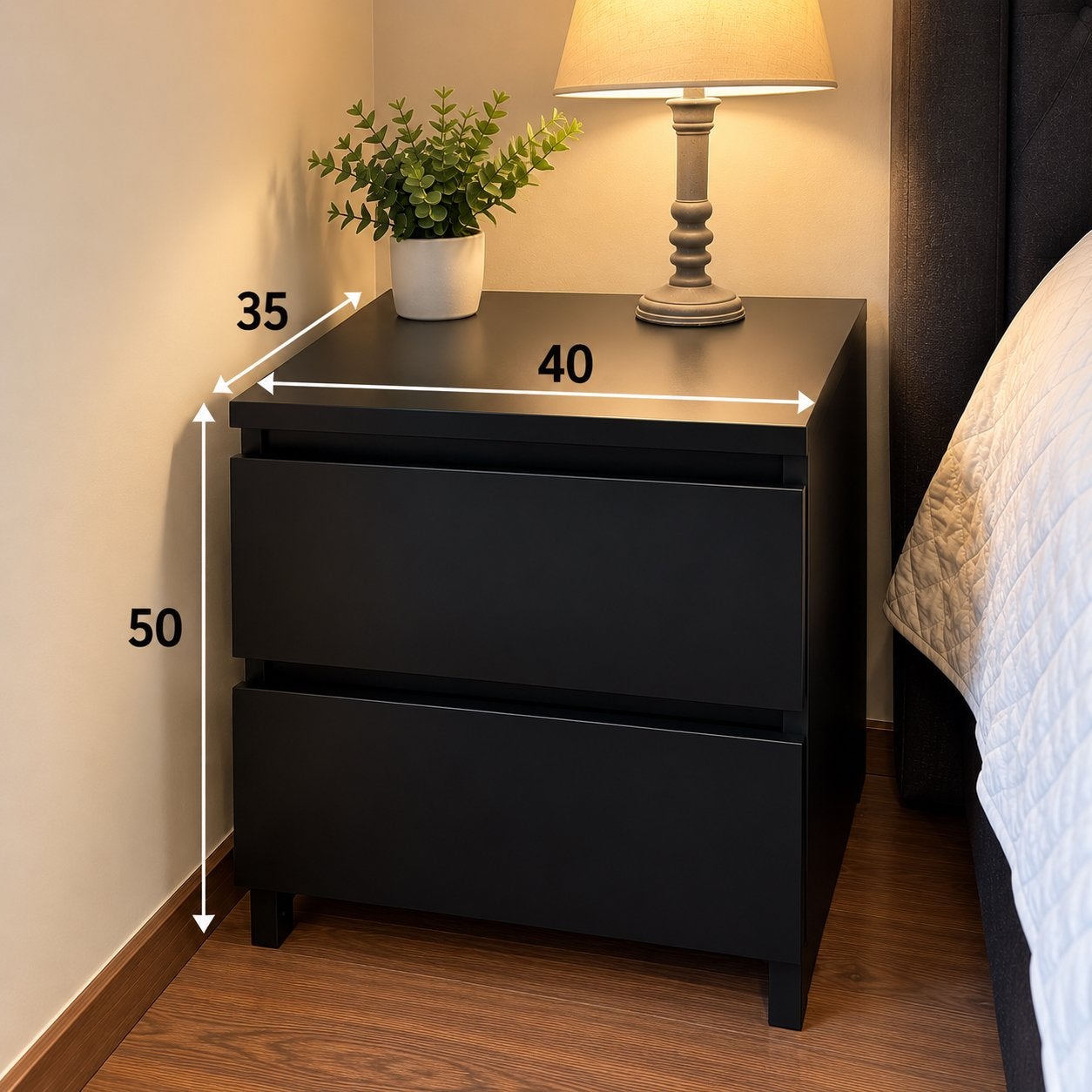 Set van 2 zwarte nachtkastjes met 2 lades – 35  40  50 cm, Ophalen, Overige materialen, 55 tot 70 cm, Zo goed als nieuw