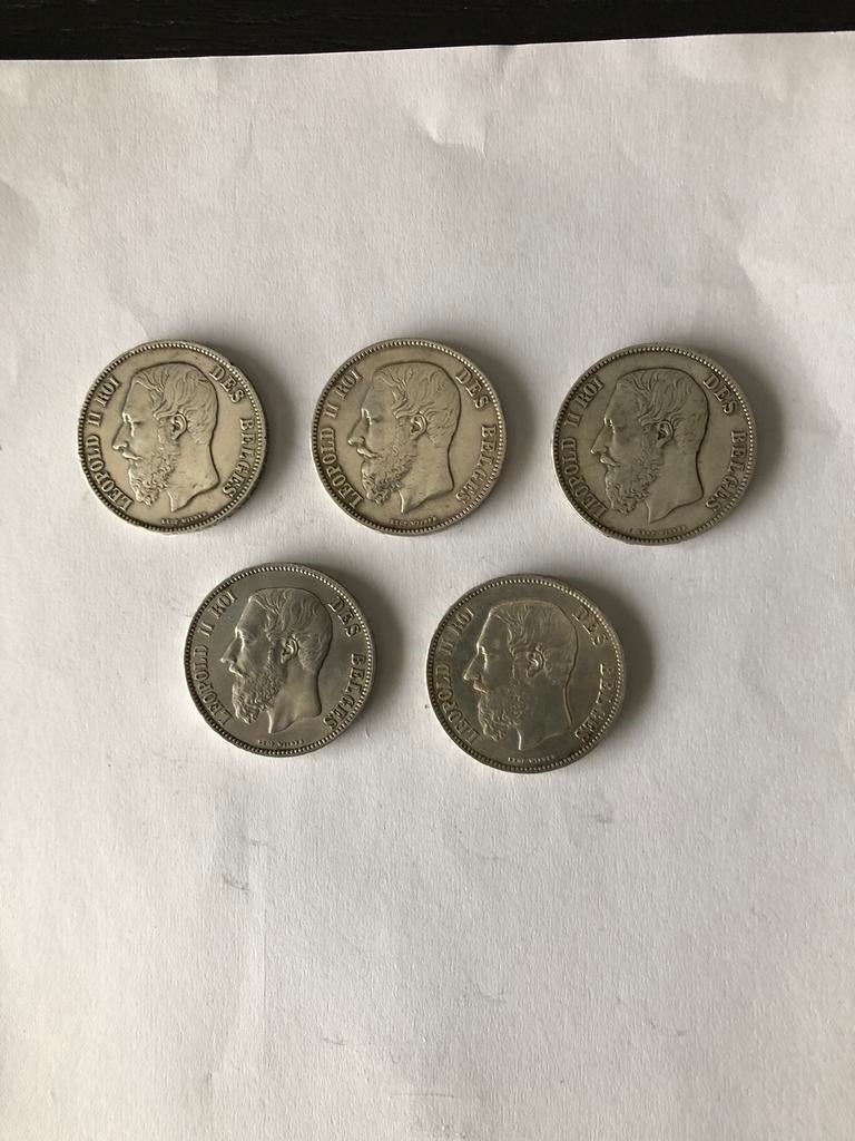 5 prachtige zilveren 5 FR Leopold II, Postzegels en Munten, Munten | België, Ophalen of Verzenden, Zilver, Losse munt