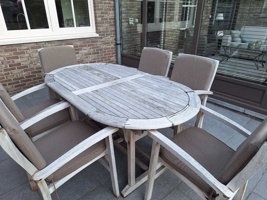 Verlengbare tuintafel in teak met 6 armstoelen en kussens.., Table à dinner, Salons de jardin, Utilisé, 6 places