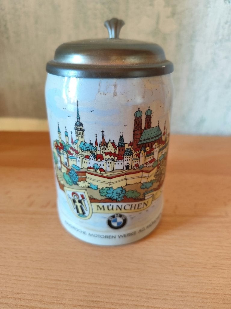 Chope bavaroise en grès avec couvercle en étain Munich BMW, Ophalen of Verzenden