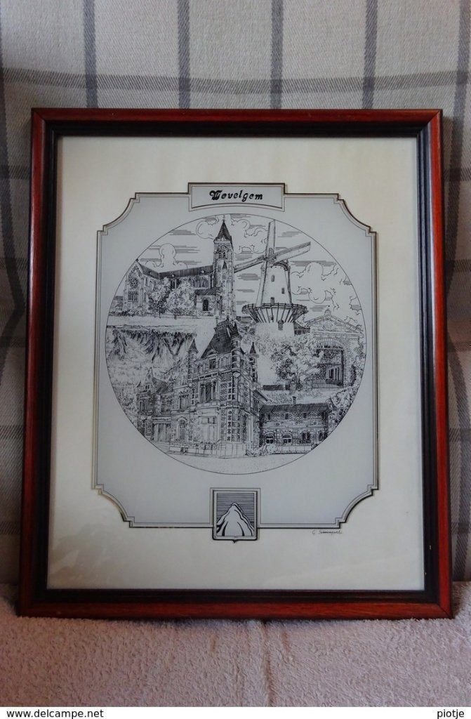 oude gravure - Ets Wevelgem, kader, tekening, G. Swaenepoel, Ophalen of Verzenden, Ets, Gesigneerd