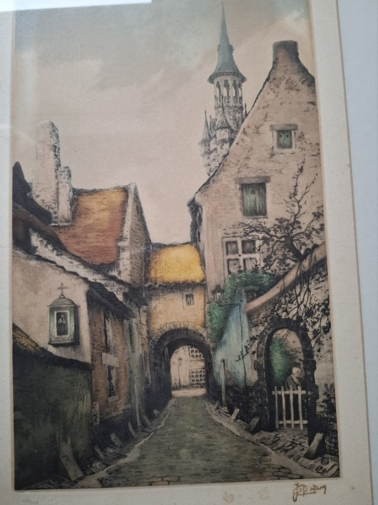 Litho Jef Codron, straatje in Brussel, Antiquités & Art, Art | Lithographies & Sérigraphies, Numéroté, Enlèvement, Autres sujets