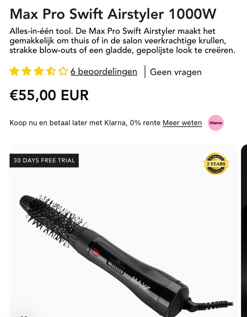 Max Pro Swift Airstyler 1000W, Handtassen en Accessoires, Ophalen, Nieuw