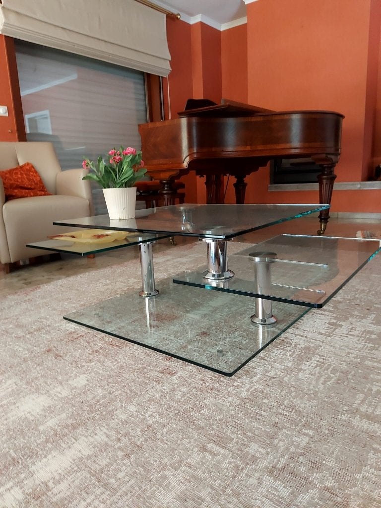 Glazen salontafel met uniek mechanisme, Huis en Inrichting, Tafels | Salontafels, Ophalen, 50 – 75, 50 tot 100 cm, Vierkant