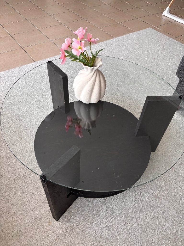 Salontafel antraciet hout en glas, Huis en Inrichting, Tafels | Salontafels, Ophalen, Gebruikt, 50 tot 100 cm, Rond