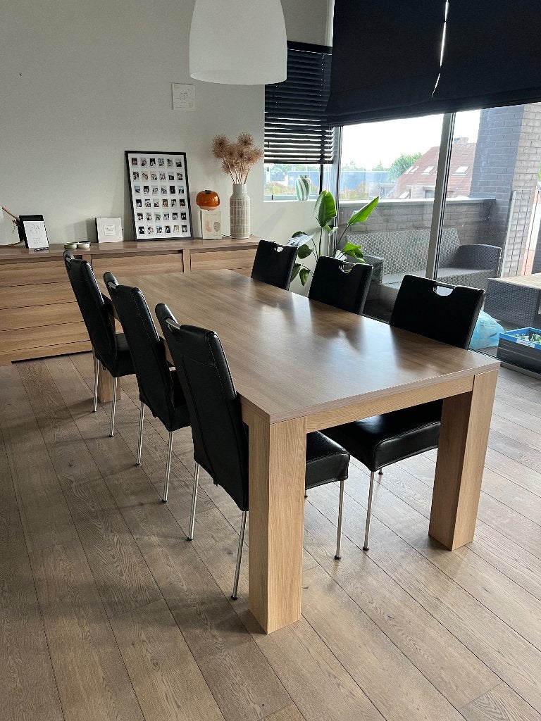 Houten eettafel inclusief zes stoelen van leer, Huis en Inrichting, Ophalen, 200 cm of meer, 50 tot 100 cm, Zo goed als nieuw