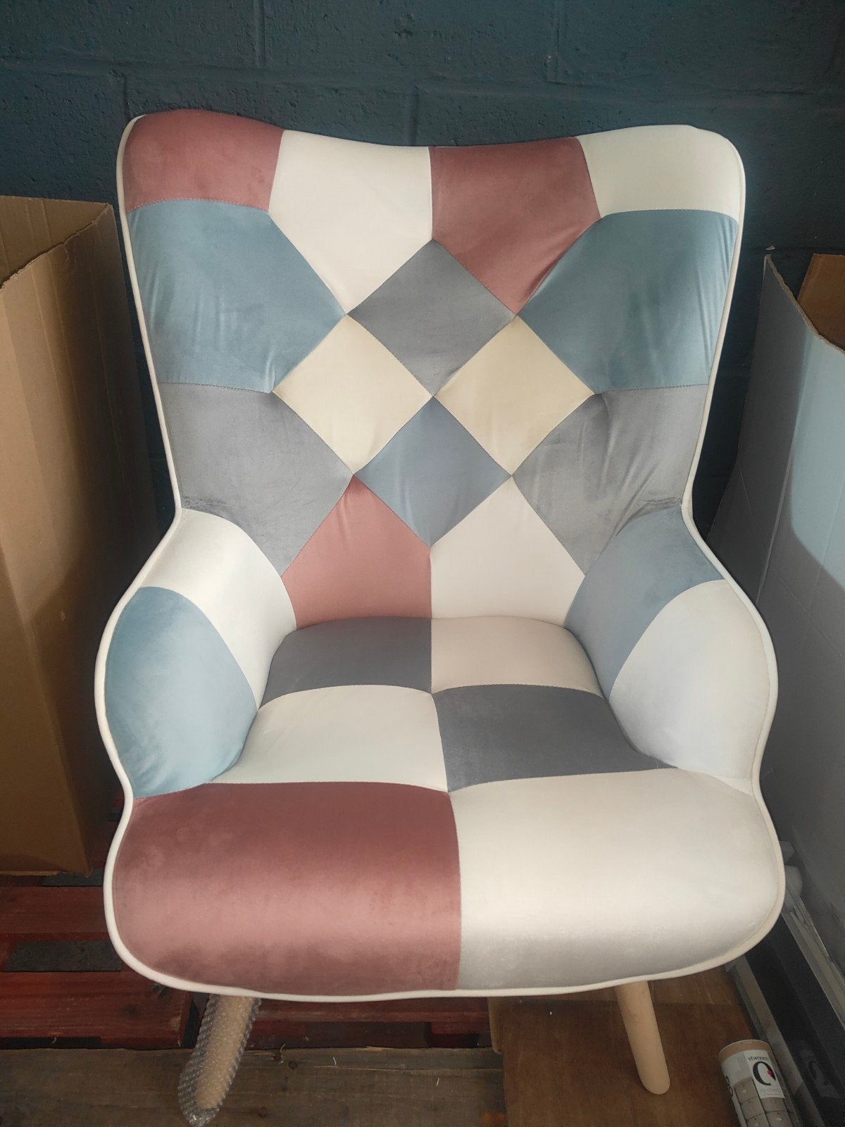 Fauteuil patchwork avec accoudoir - bleu crème. Nouveau, Enlèvement, Neuf, Bois