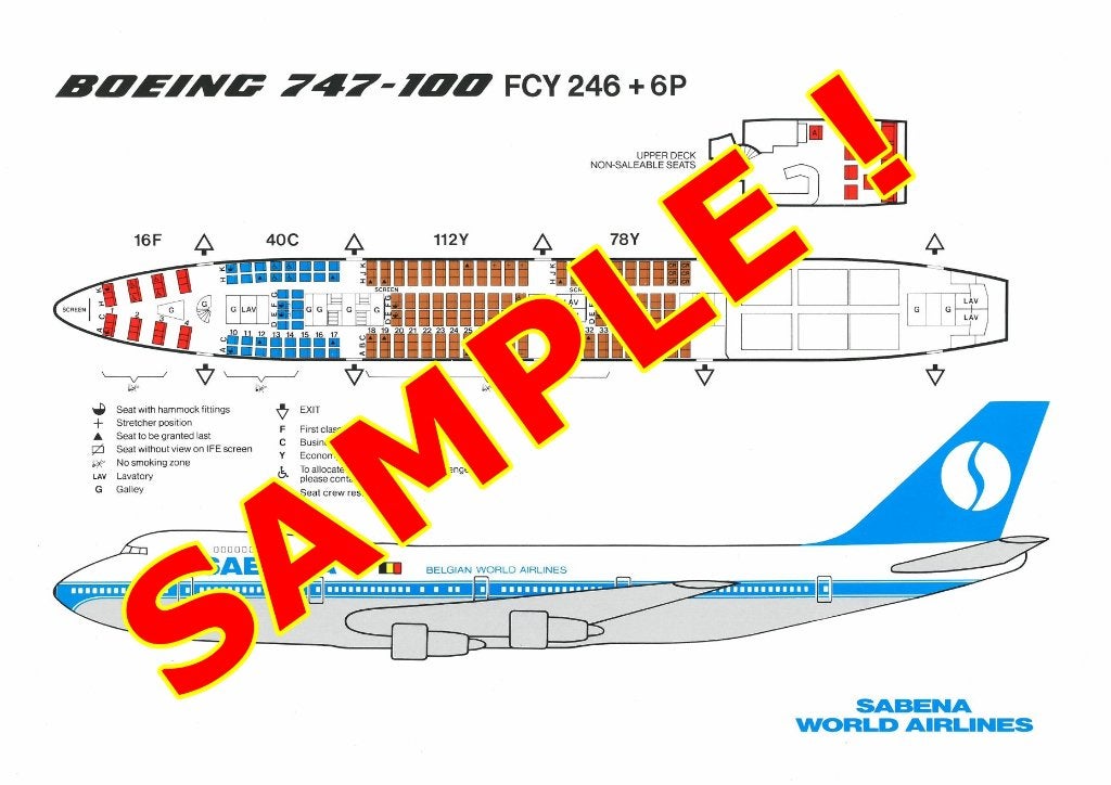 Affiche Sabena Plan sièges l'avion Boeing B747-100 FCY246+6P, Collections, Souvenirs Sabena, Enlèvement ou Envoi, Neuf