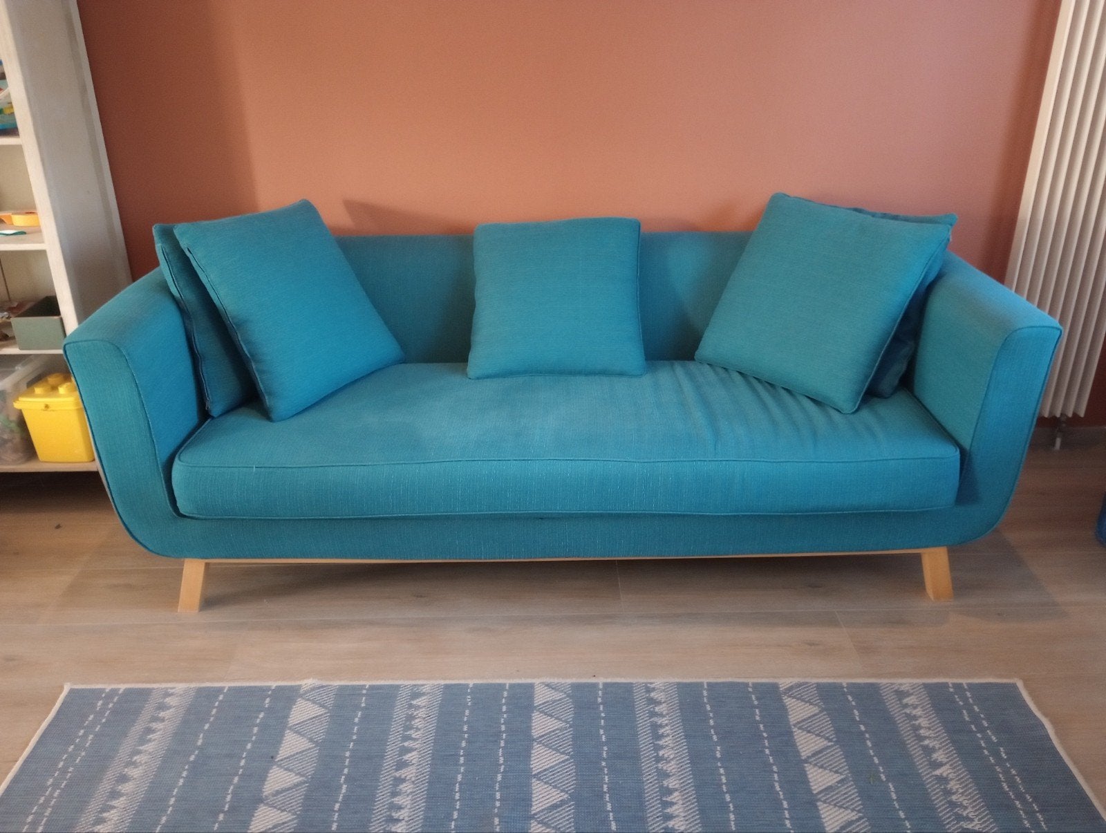 Blauwe 3-zitszetel + 5 kussens, Huis en Inrichting, Ophalen, Gebruikt, Blauw, Overige maten