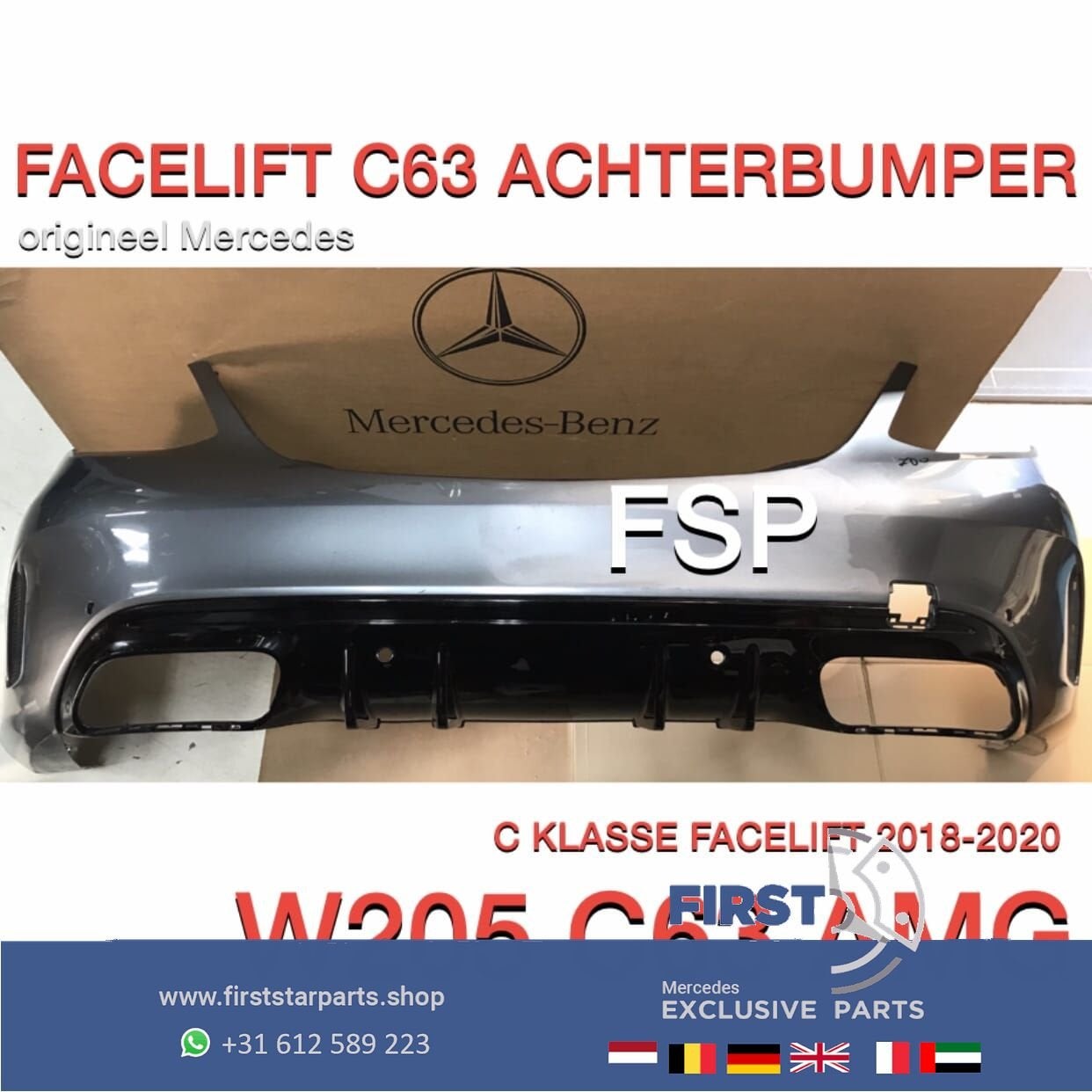 W205 C63 AMG FACELIFT ACHTERBUMPER + DIFFUSER ZWART ORIGINEE, Arrière, -, -, -