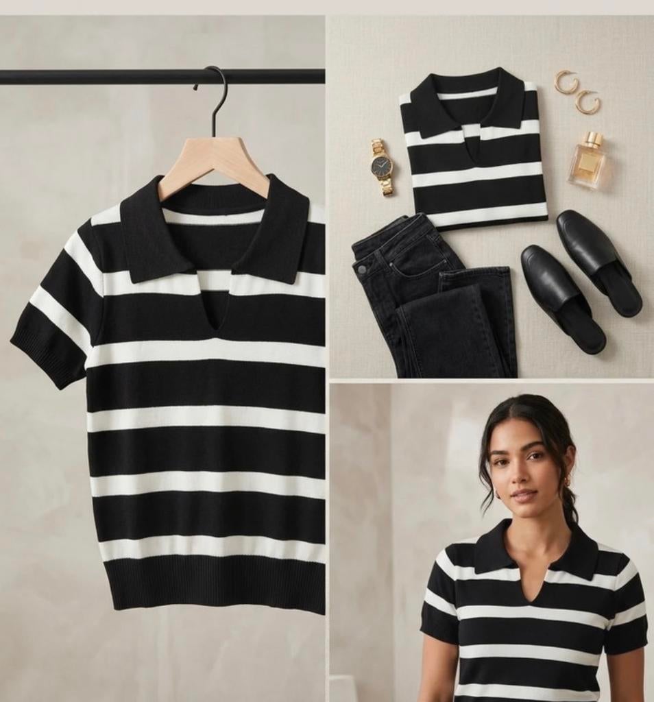Haut en maille rayé noir et blanc chic - Taille Unique, Verzenden, Zo goed als nieuw, Wit, Korte mouw