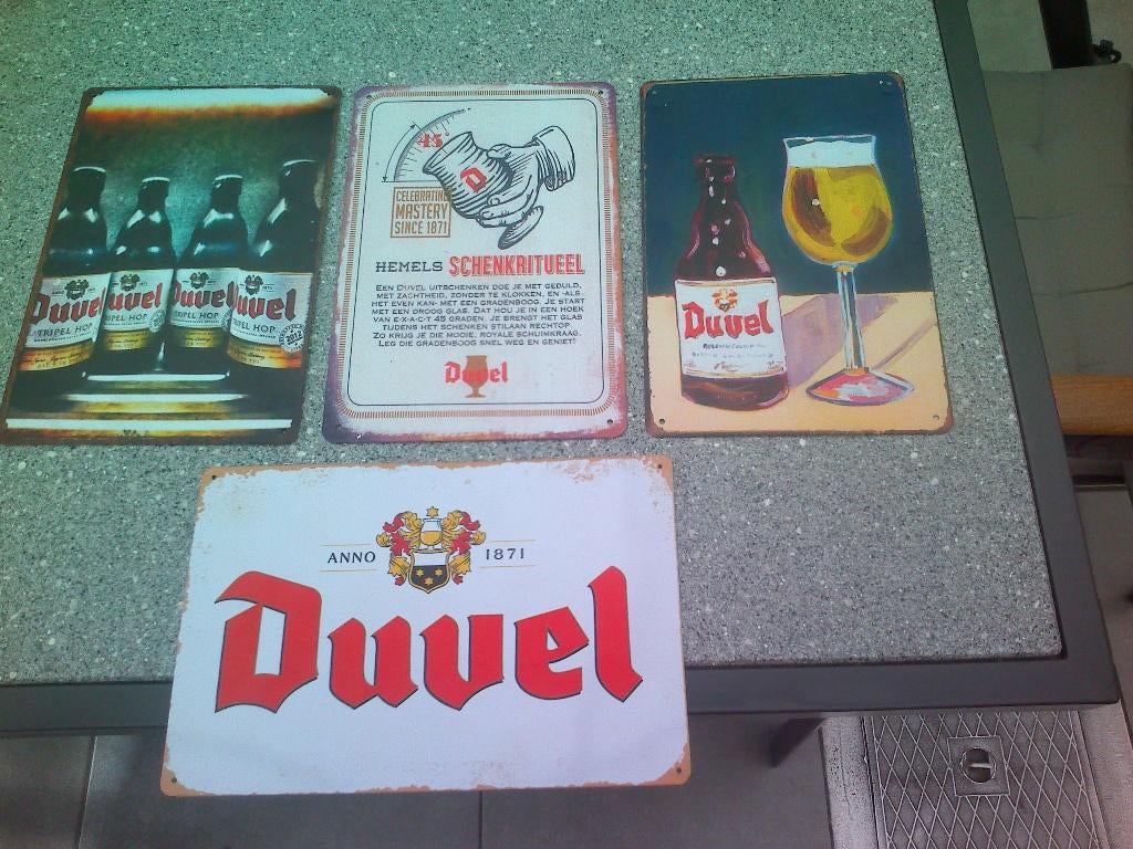 4 Verschillende Duvel reclamebordjes., Ophalen of Verzenden, Gebruikt, Reclamebord, Plaat of Schild, Duvel