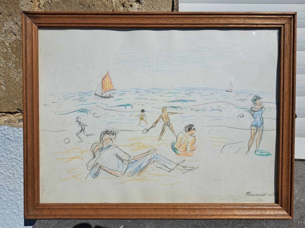 dessin personnage a la plage signe fernand wery, Antiquités & Art, Enlèvement ou Envoi, Dessin