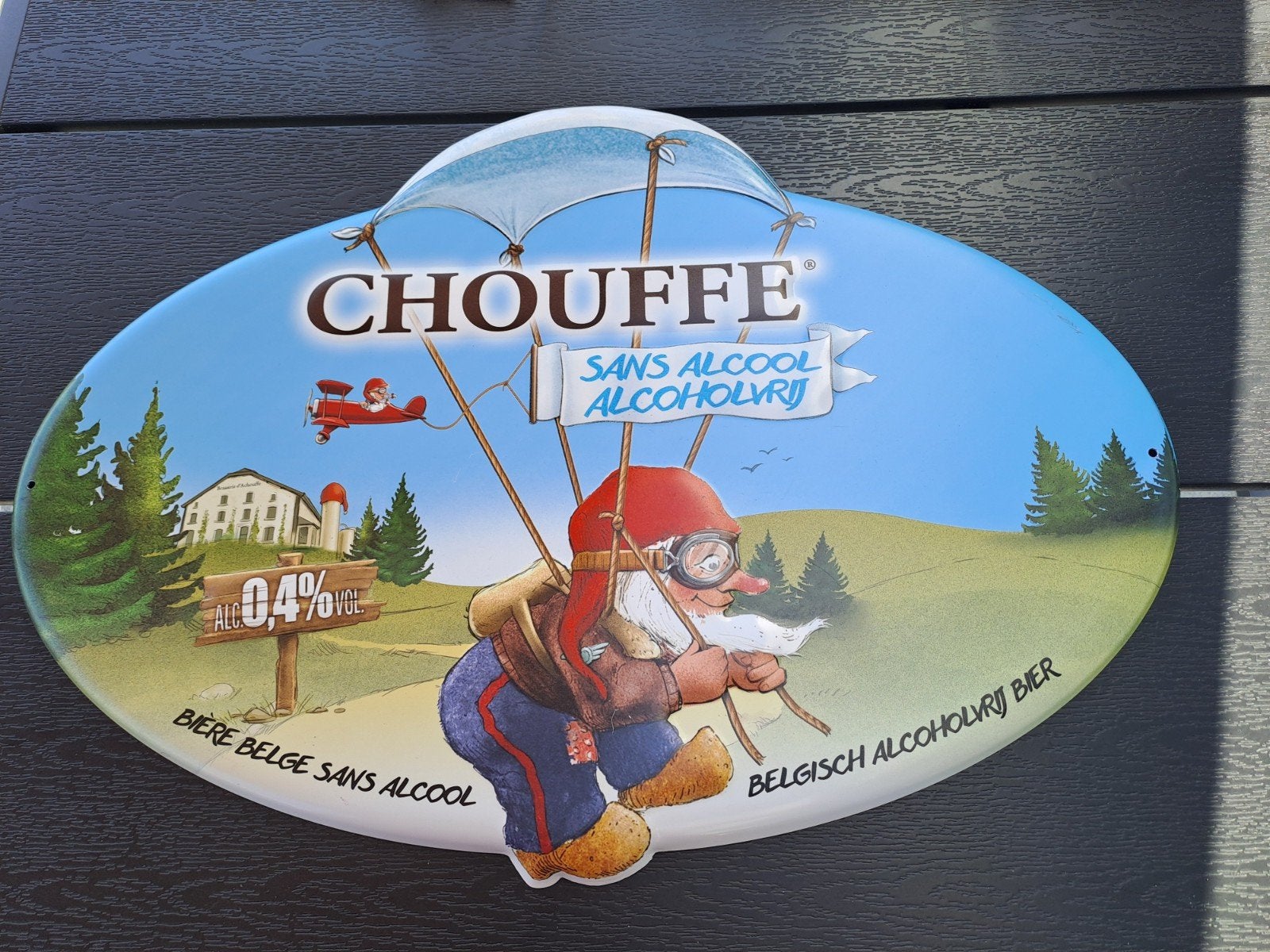 Reclame bord La Chouffe 0,4% aluminium, Verzamelen, Ophalen of Verzenden
