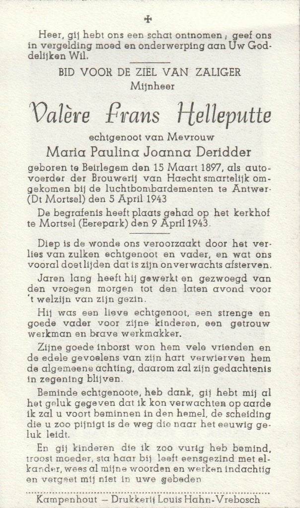 Oorlogsslachtoffer 40/45   Mortsel Valère Helleputte, Collections, Images pieuses & Faire-part, Envoi