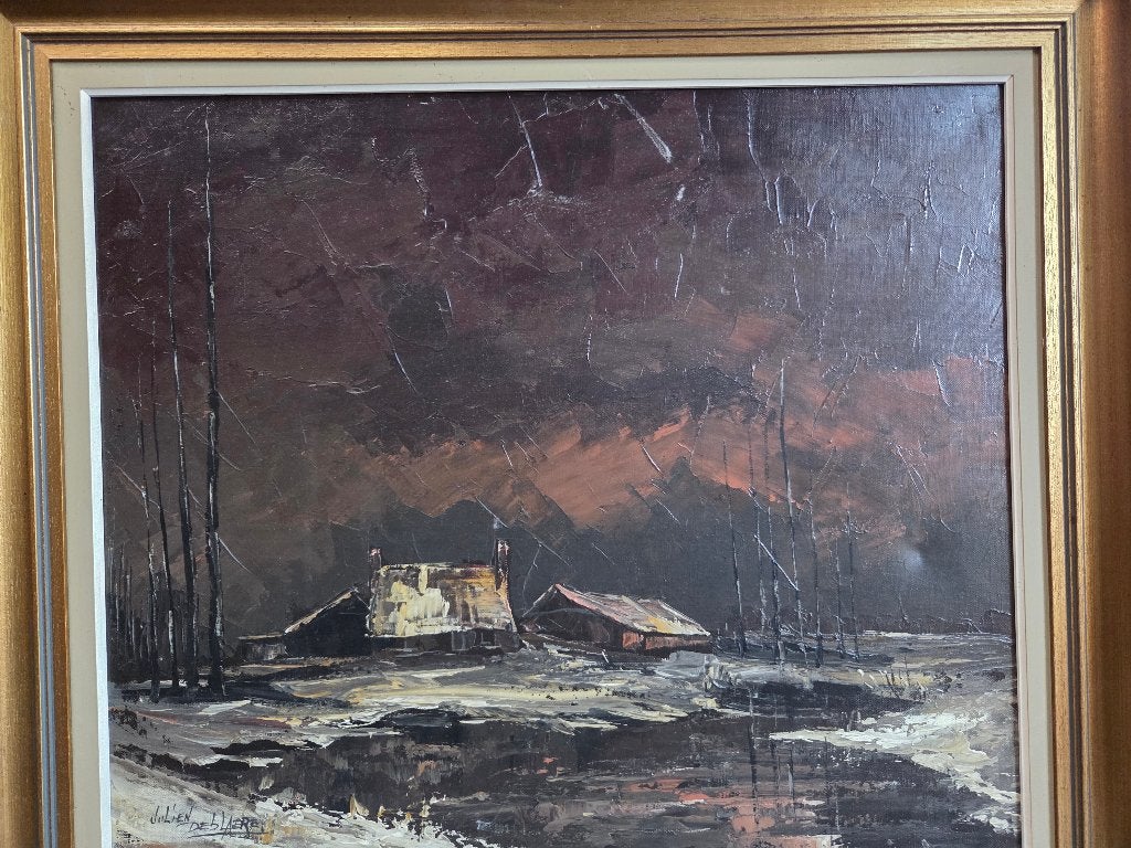 J Deblaere : peinture : « Paysage d'hiver », Textile, Peinture à l'huile, Encadré, Enlèvement