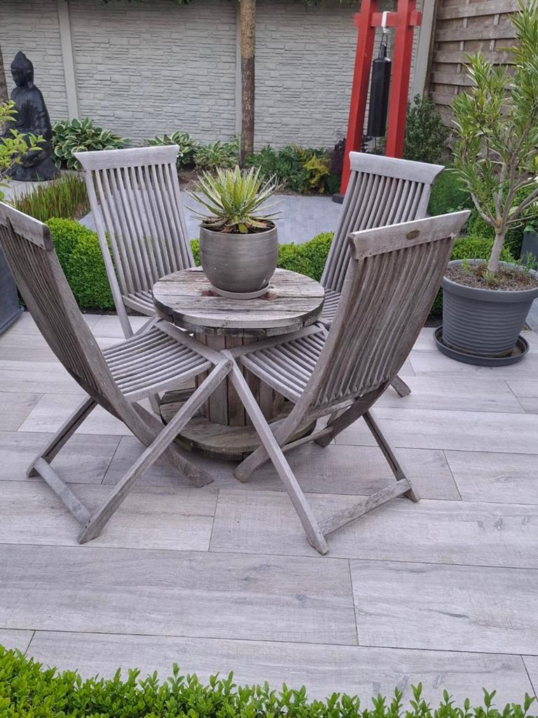 4 teakhouten stoelen, Ophalen, 4 zitplaatsen, Hardhout, Zo goed als nieuw