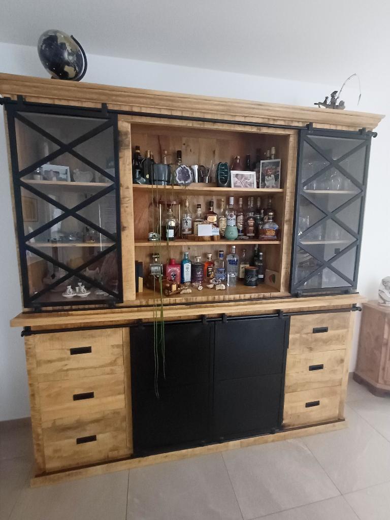 Mangohouten dressoir Denver, Huis en Inrichting, Ophalen, Glas, Met deur(en), Nieuw