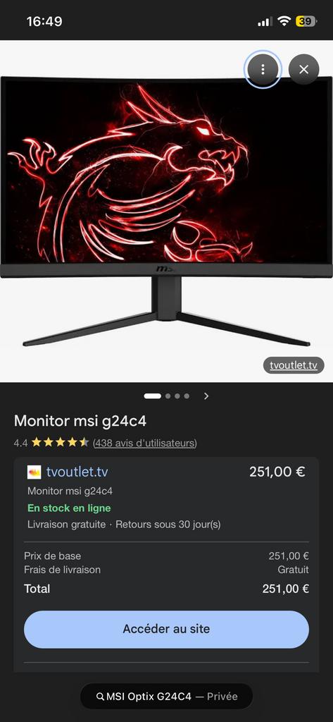 ️ Écran gaming MSI 24” incurvé – 144Hz – très bon état, Informatique & Logiciels, Moniteurs, Gaming, HDMI, 1 à 2 ms, Full HD