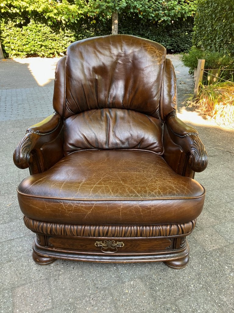 Lederen clubzetel, Huis en Inrichting, Fauteuils, Ophalen, Gebruikt, Hout