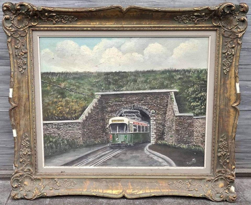 Huile sur toile tram de Jumet signe, Enlèvement ou Envoi, Toile