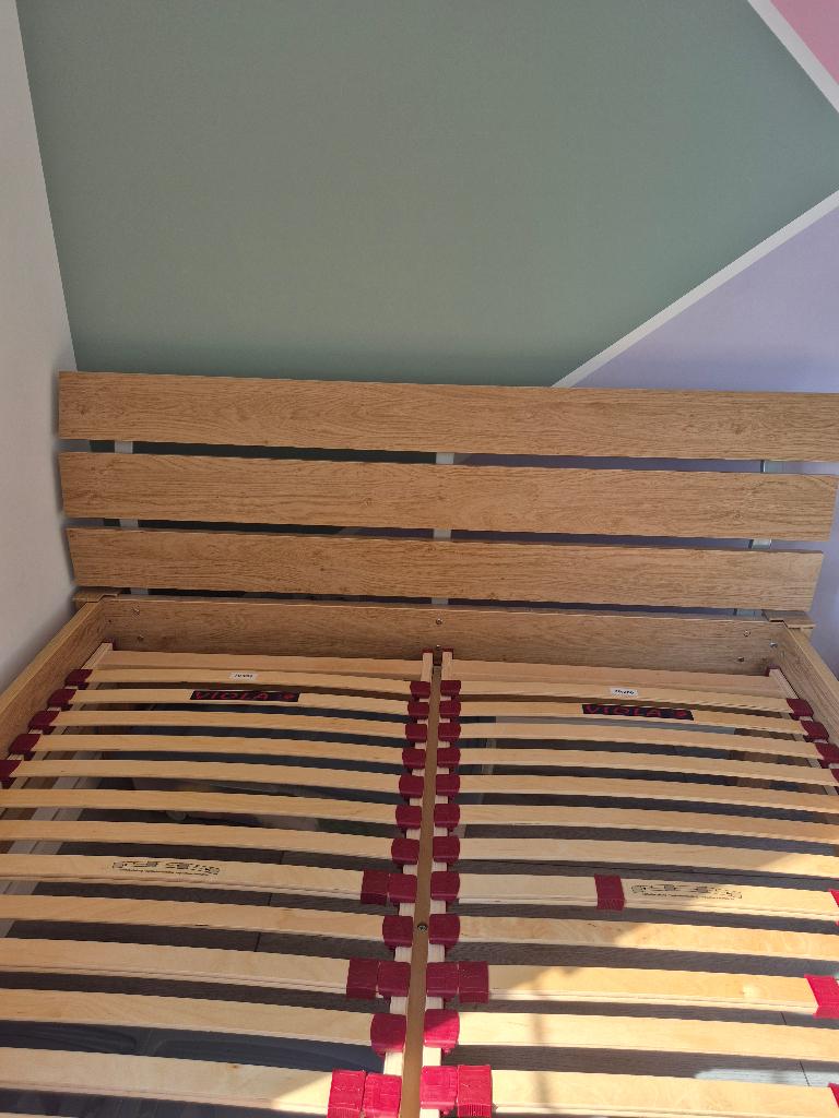 Bed, frame, lattenbodem en matras, Huis en Inrichting, Slaapkamer | Bedden, Ophalen, Gebruikt, Bruin, 140 cm