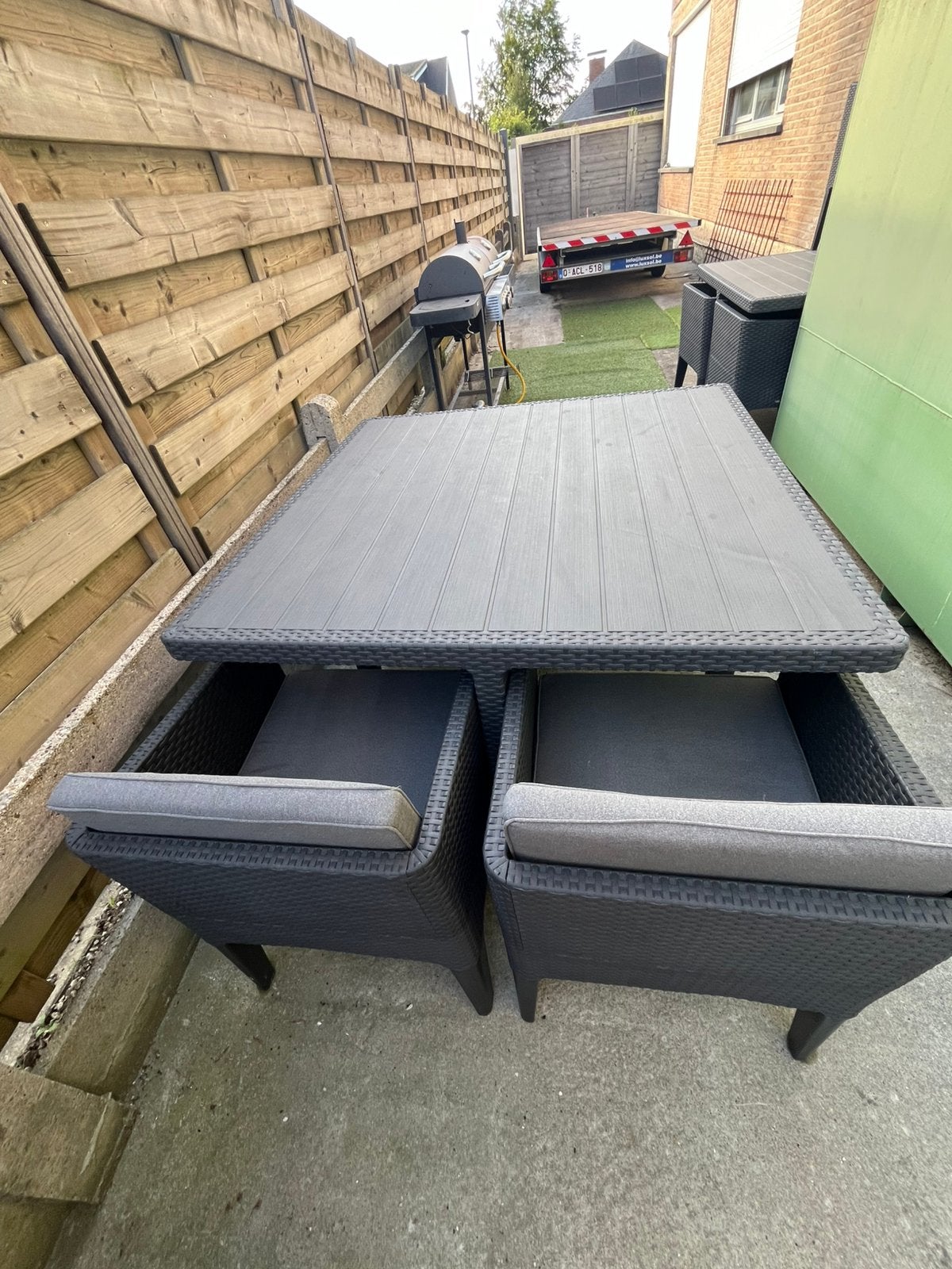 Tuintafel met 4 stoelen antraciet, Tuin en Terras, Ophalen, 4 zitplaatsen, Kunststof, Gebruikt