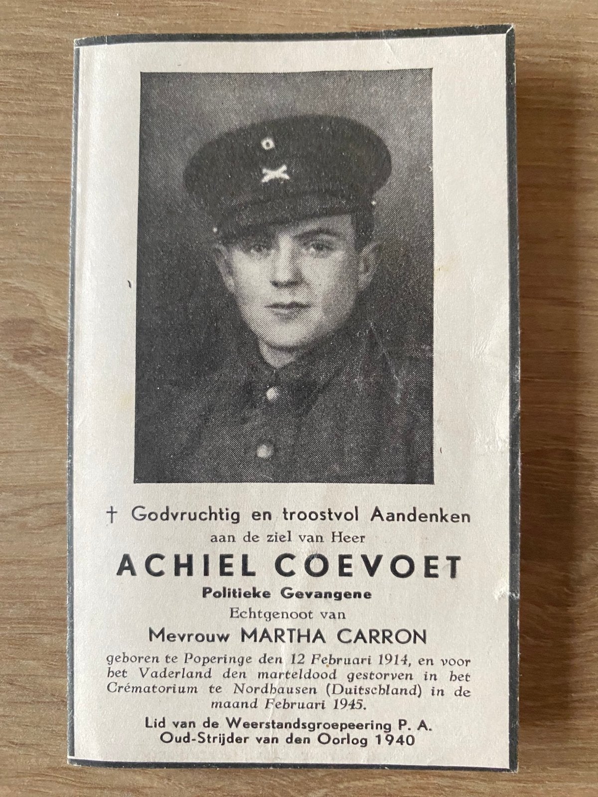 Achiel Coevoet - Politiek gevangene, Verzenden, Bidprentje