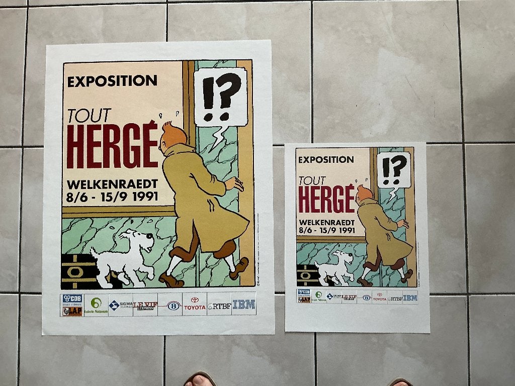 2 affiches, expo Hergé, Tintin, Welkenraedt 1991, Collections, Enlèvement ou Envoi, Comme neuf, Panneau publicitaire