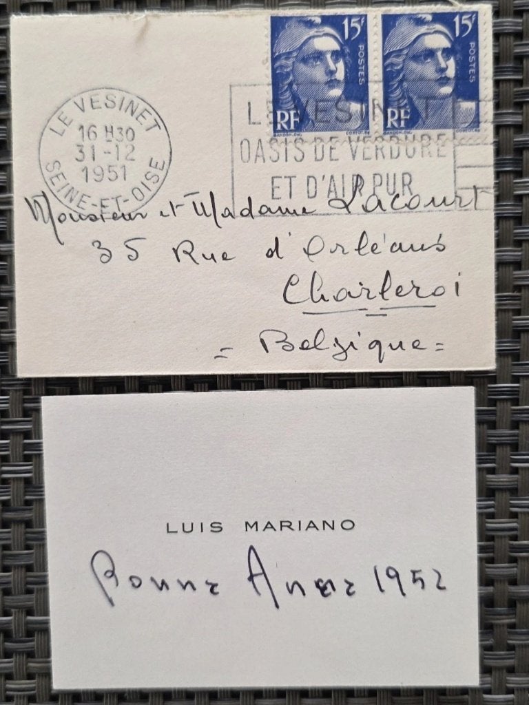 Handtekening+Luis Mariano+Le Vésinet+wenskaart, Verzamelen, Ophalen of Verzenden, Zo goed als nieuw, Foto of Kaart, Gesigneerd