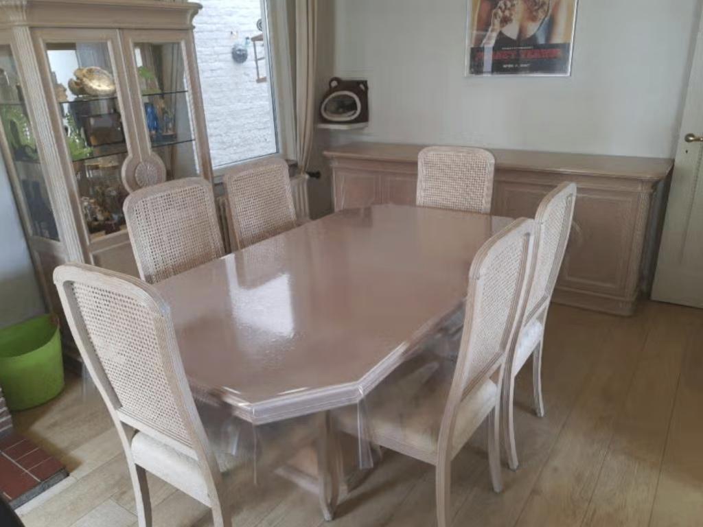 Complete Eetplaats en tv kast in originele Ceruse (cérusé), Maison & Meubles, Salles à manger complètes, Utilisé, 4 à 6 chaises