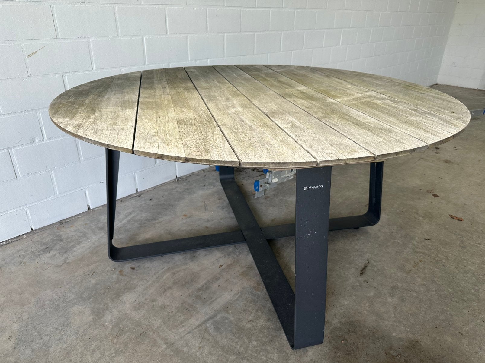 Tafel buiten teak staal, Tuin en Terras, Ophalen, Zo goed als nieuw, Rond